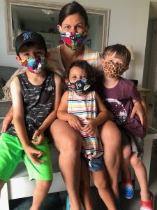 mom and kids in masks