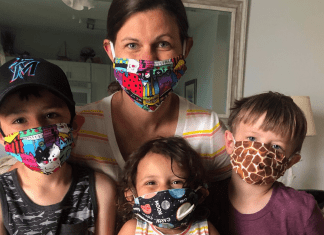 mom and kids wearing Covid-19 masks