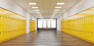 empty school with yellow lockers