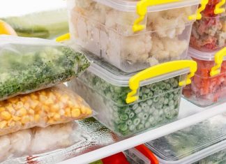 pre-made freezer meals organized in a freezer