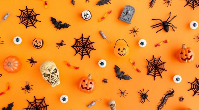 pic of assorted Halloween toys on an orange background