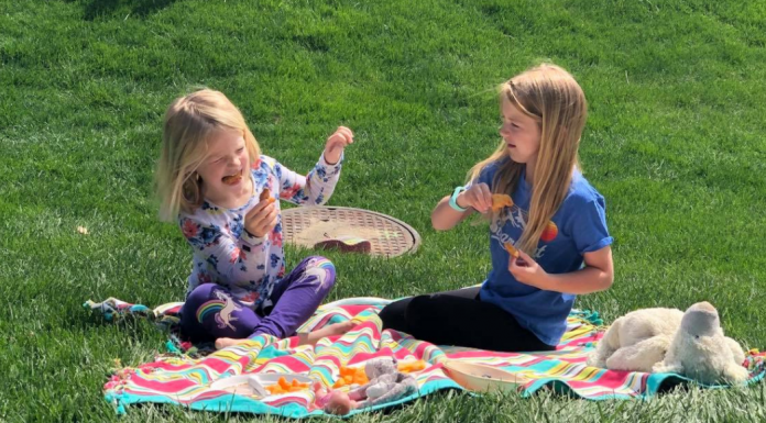 girls having picnic outside