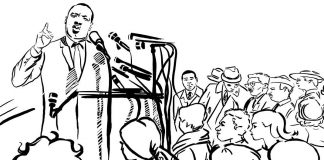 Drawing of Dr. Martin Luther King, Jr., speaking to a crowd