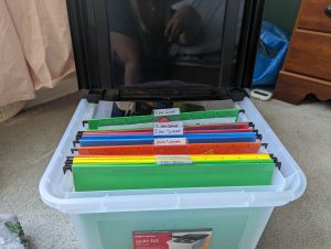 box with file folders labeled with kid's ages
