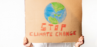 woman holding up poster that says stop climate change