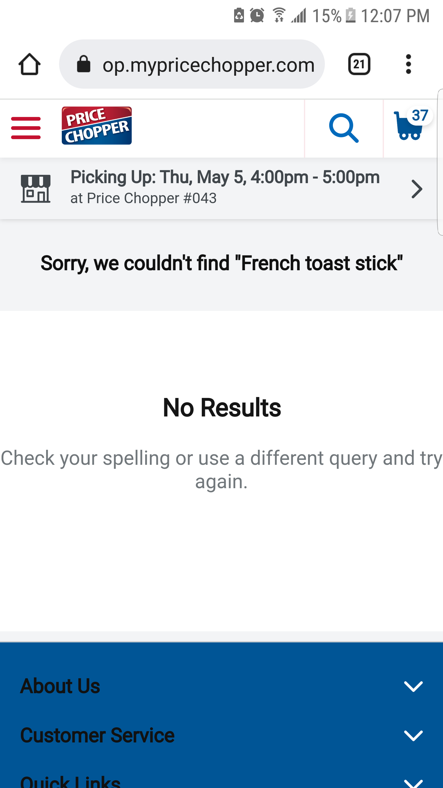 Price Chopper site search results for french toast stick no results found