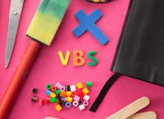 craft supplies with blue cross and VBS letters